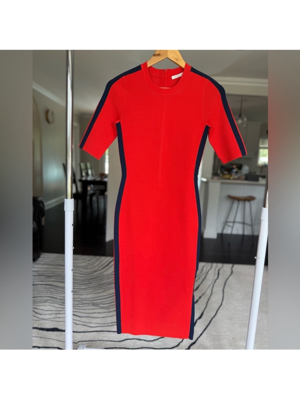VERONICA BEARD Red Bodycon Midi Dress with Navy Trim Size X-small